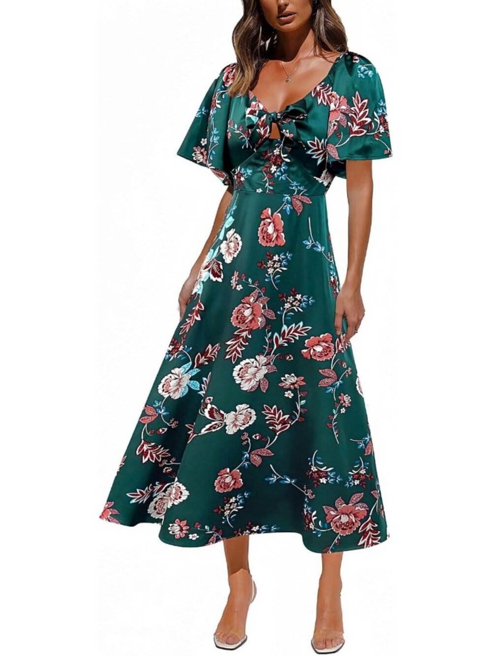 Elegant Floral Maxi Dress for Women - Satin Tie Front, Cap Sleeve, Summer Style